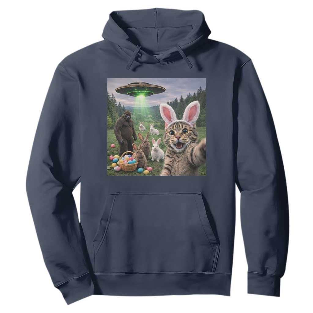 Funny Easter Day Hoodie Cat Selfie With Bunny Bigfoot UFO Bunny Egg TS10 Navy Print Your Wear