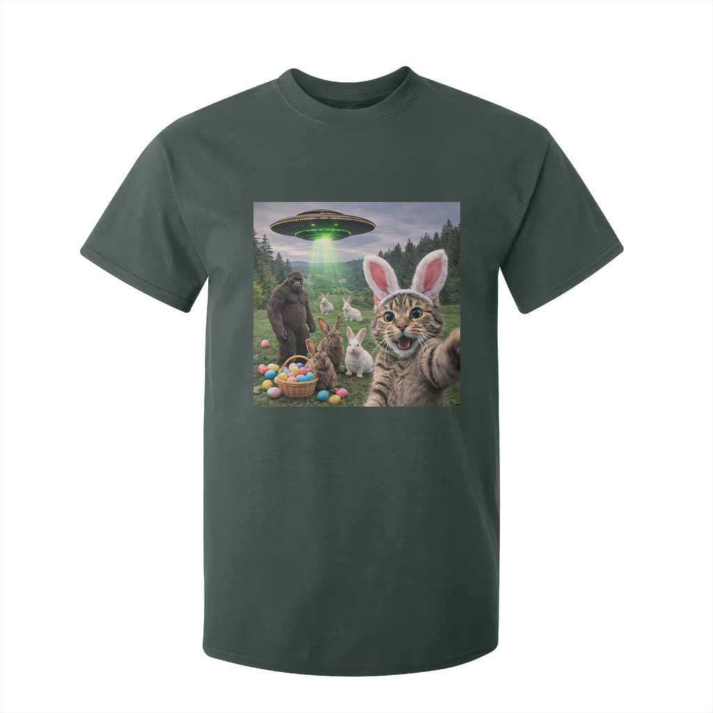 Funny Easter Day T Shirt For Kid Cat Selfie With Bunny Bigfoot UFO Bunny Egg TS10 Dark Forest Green Print Your Wear