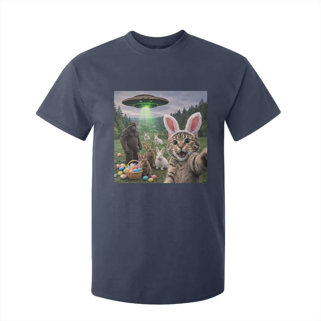 Funny Easter Day T Shirt For Kid Cat Selfie With Bunny Bigfoot UFO Bunny Egg TS10 Navy Print Your Wear