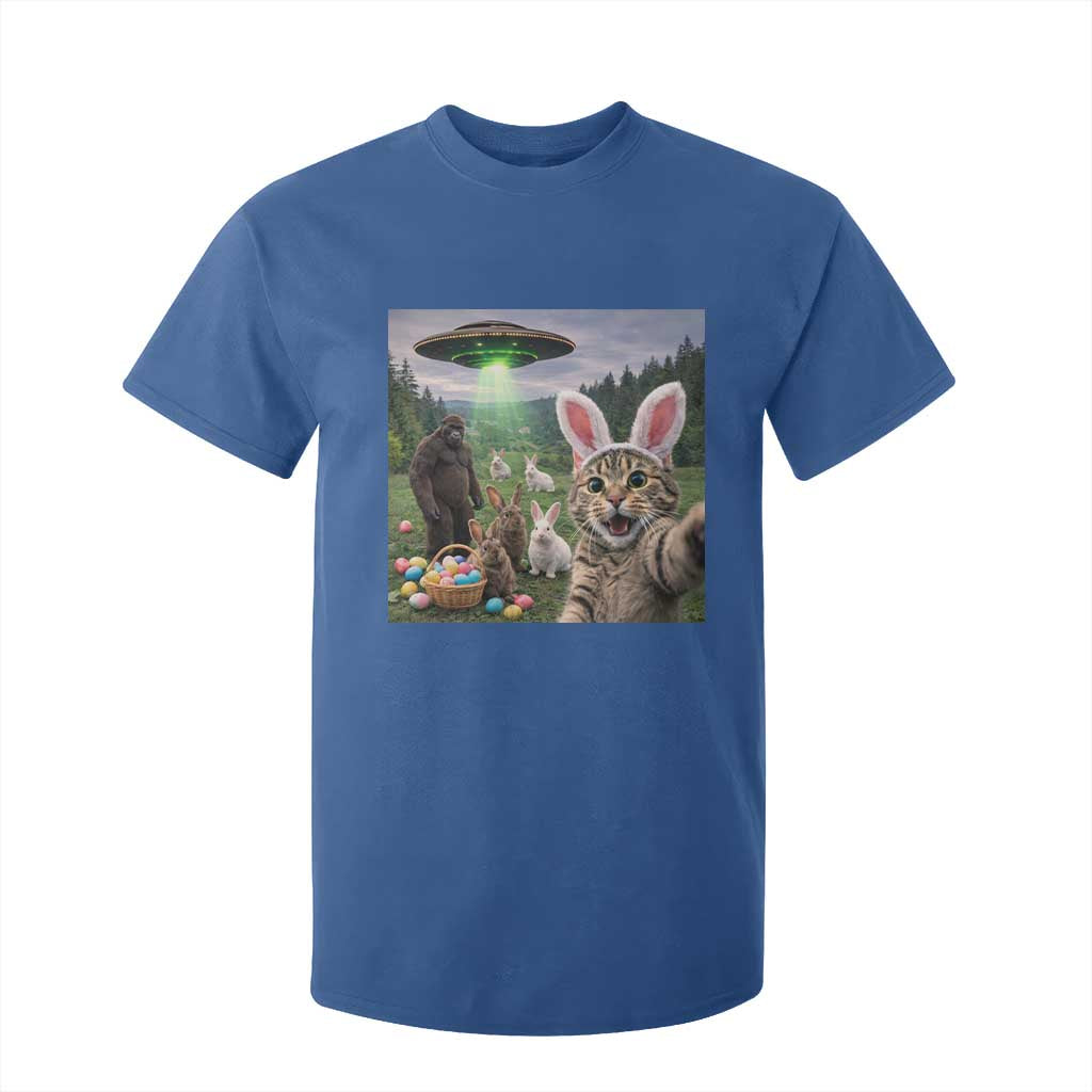 Funny Easter Day T Shirt For Kid Cat Selfie With Bunny Bigfoot UFO Bunny Egg TS10 Royal Blue Print Your Wear