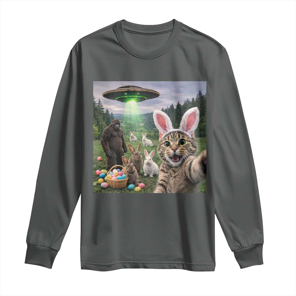 Funny Easter Day Long Sleeve Shirt Cat Selfie With Bunny Bigfoot UFO Bunny Egg TS10 Dark Heather Print Your Wear