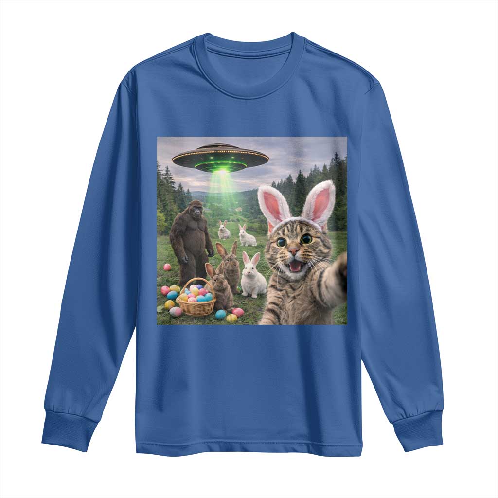 Funny Easter Day Long Sleeve Shirt Cat Selfie With Bunny Bigfoot UFO Bunny Egg TS10 Royal Blue Print Your Wear