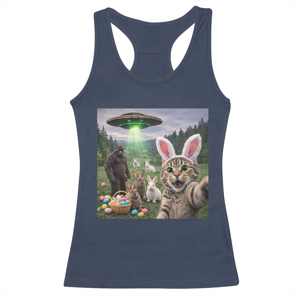Funny Easter Day Racerback Tank Top Cat Selfie With Bunny Bigfoot UFO Bunny Egg TS10 Navy Print Your Wear