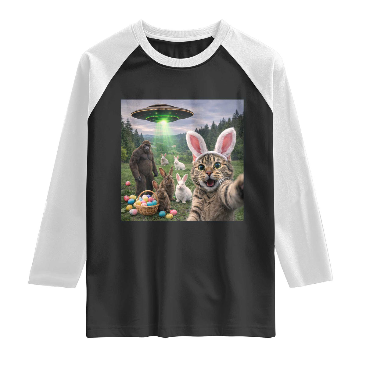 Funny Easter Day Raglan Shirt Cat Selfie With Bunny Bigfoot UFO Bunny Egg TS10 Black White Print Your Wear