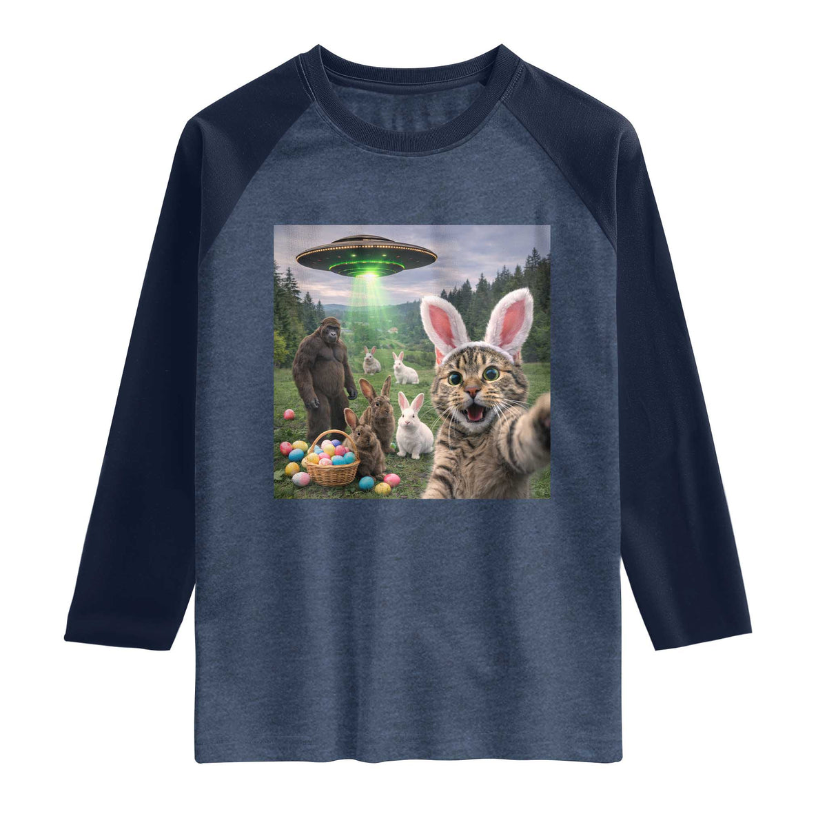 Funny Easter Day Raglan Shirt Cat Selfie With Bunny Bigfoot UFO Bunny Egg TS10 Heather Denim Navy Print Your Wear