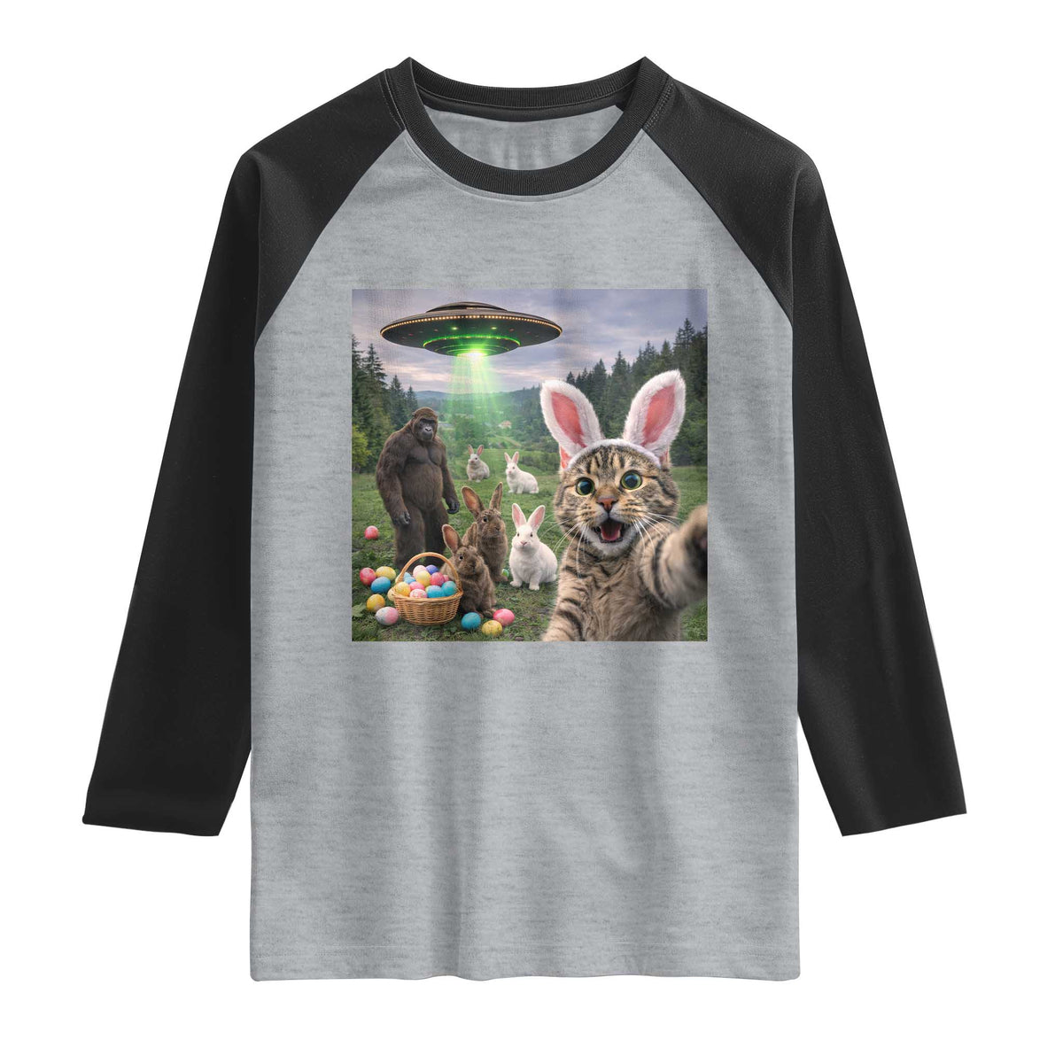 Funny Easter Day Raglan Shirt Cat Selfie With Bunny Bigfoot UFO Bunny Egg TS10 Heather Gray Black Print Your Wear
