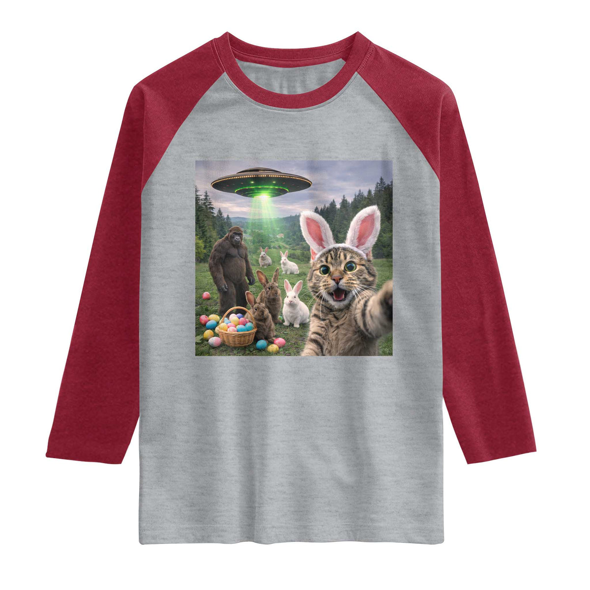 Funny Easter Day Raglan Shirt Cat Selfie With Bunny Bigfoot UFO Bunny Egg TS10 Heather Gray Heather Red Print Your Wear