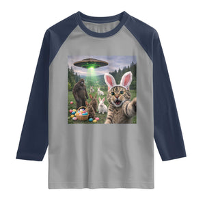 Funny Easter Day Raglan Shirt Cat Selfie With Bunny Bigfoot UFO Bunny Egg TS10 Sport Gray Navy Print Your Wear