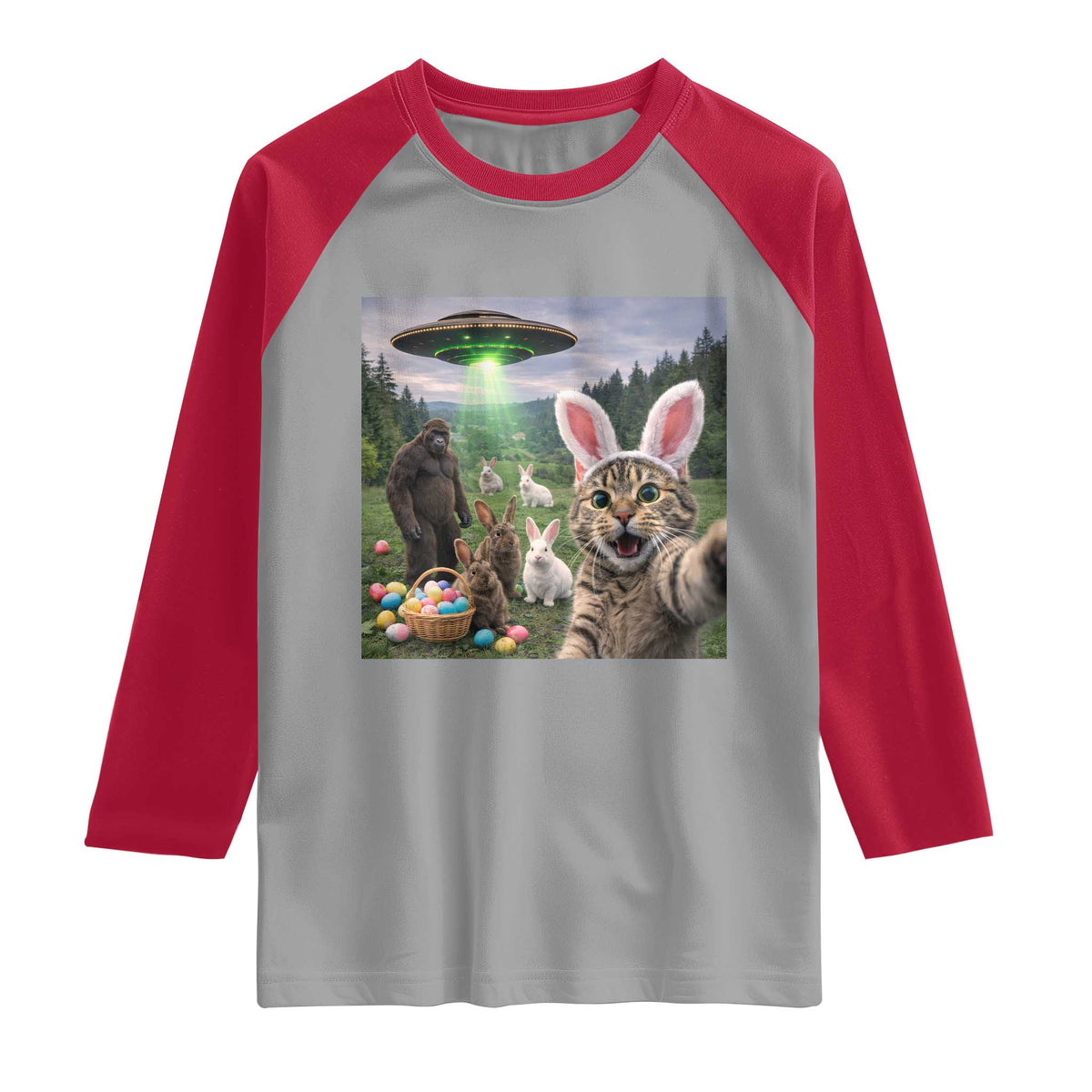 Funny Easter Day Raglan Shirt Cat Selfie With Bunny Bigfoot UFO Bunny Egg TS10 Sport Gray Red Print Your Wear