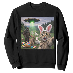 Funny Easter Day Sweatshirt Cat Selfie With Bunny Bigfoot UFO Bunny Egg TS10 Black Print Your Wear