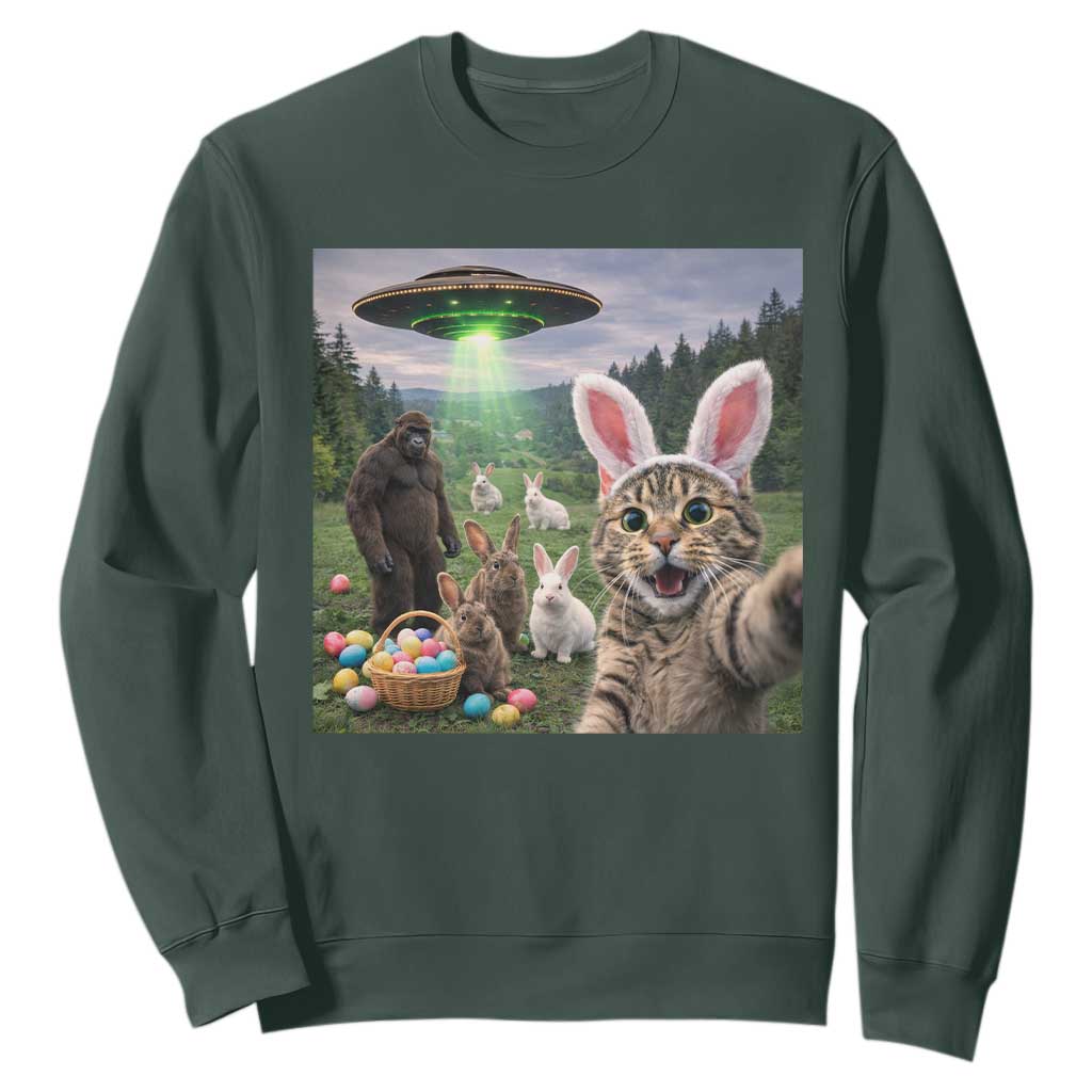 Funny Easter Day Sweatshirt Cat Selfie With Bunny Bigfoot UFO Bunny Egg TS10 Dark Forest Green Print Your Wear