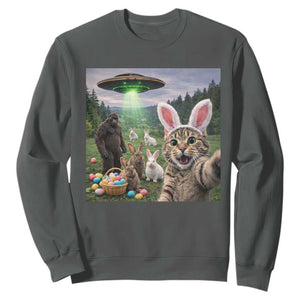 Funny Easter Day Sweatshirt Cat Selfie With Bunny Bigfoot UFO Bunny Egg TS10 Dark Heather Print Your Wear