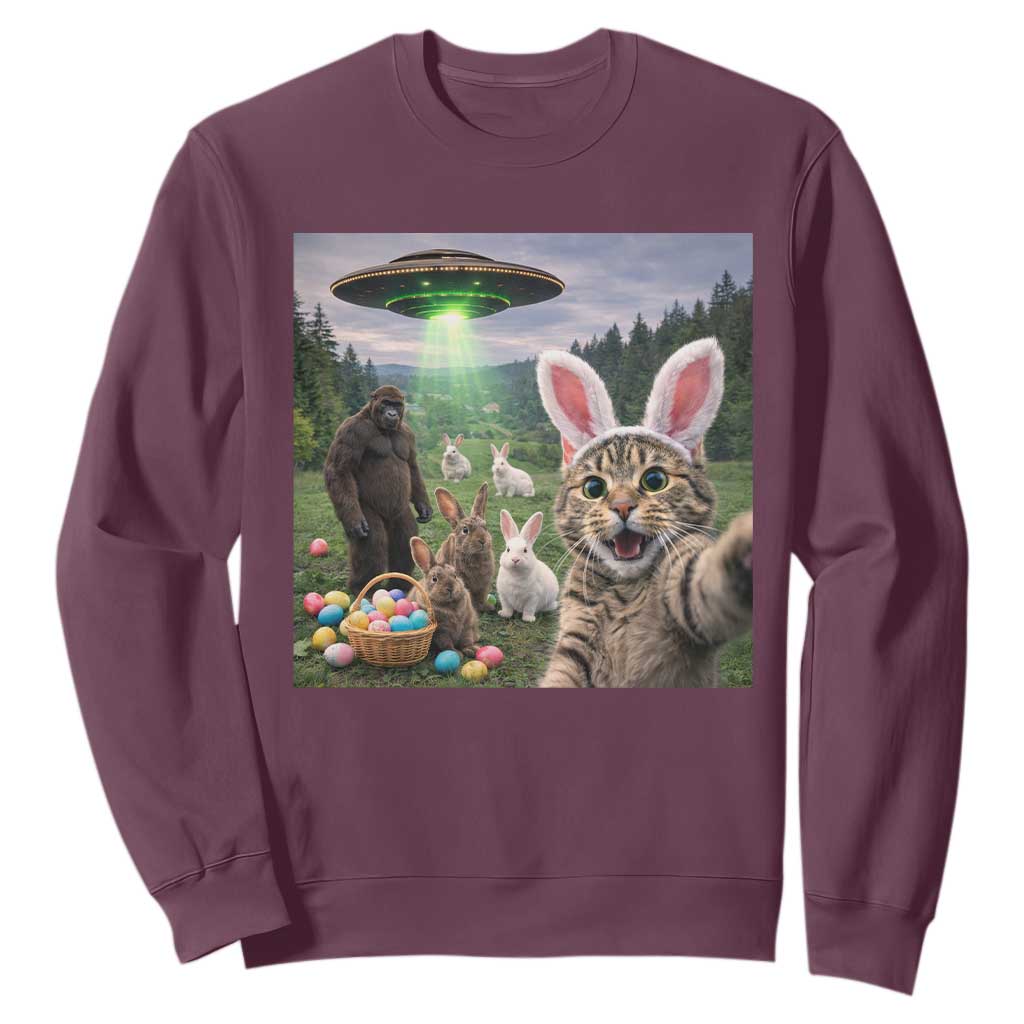Funny Easter Day Sweatshirt Cat Selfie With Bunny Bigfoot UFO Bunny Egg TS10 Maroon Print Your Wear