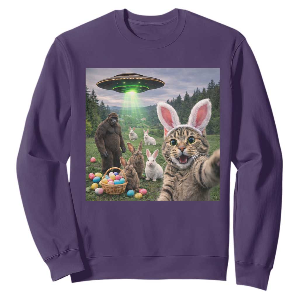 Funny Easter Day Sweatshirt Cat Selfie With Bunny Bigfoot UFO Bunny Egg TS10 Purple Print Your Wear