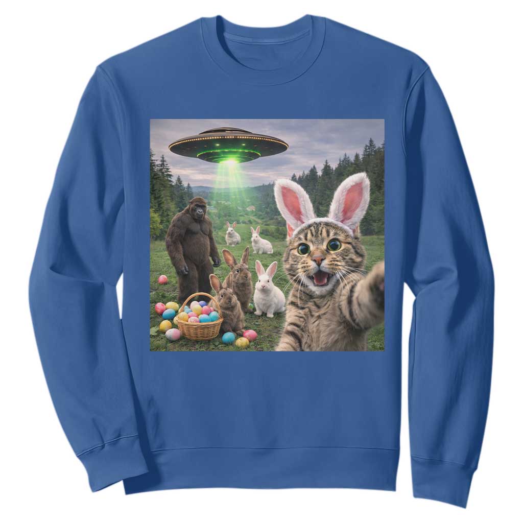 Funny Easter Day Sweatshirt Cat Selfie With Bunny Bigfoot UFO Bunny Egg TS10 Royal Blue Print Your Wear