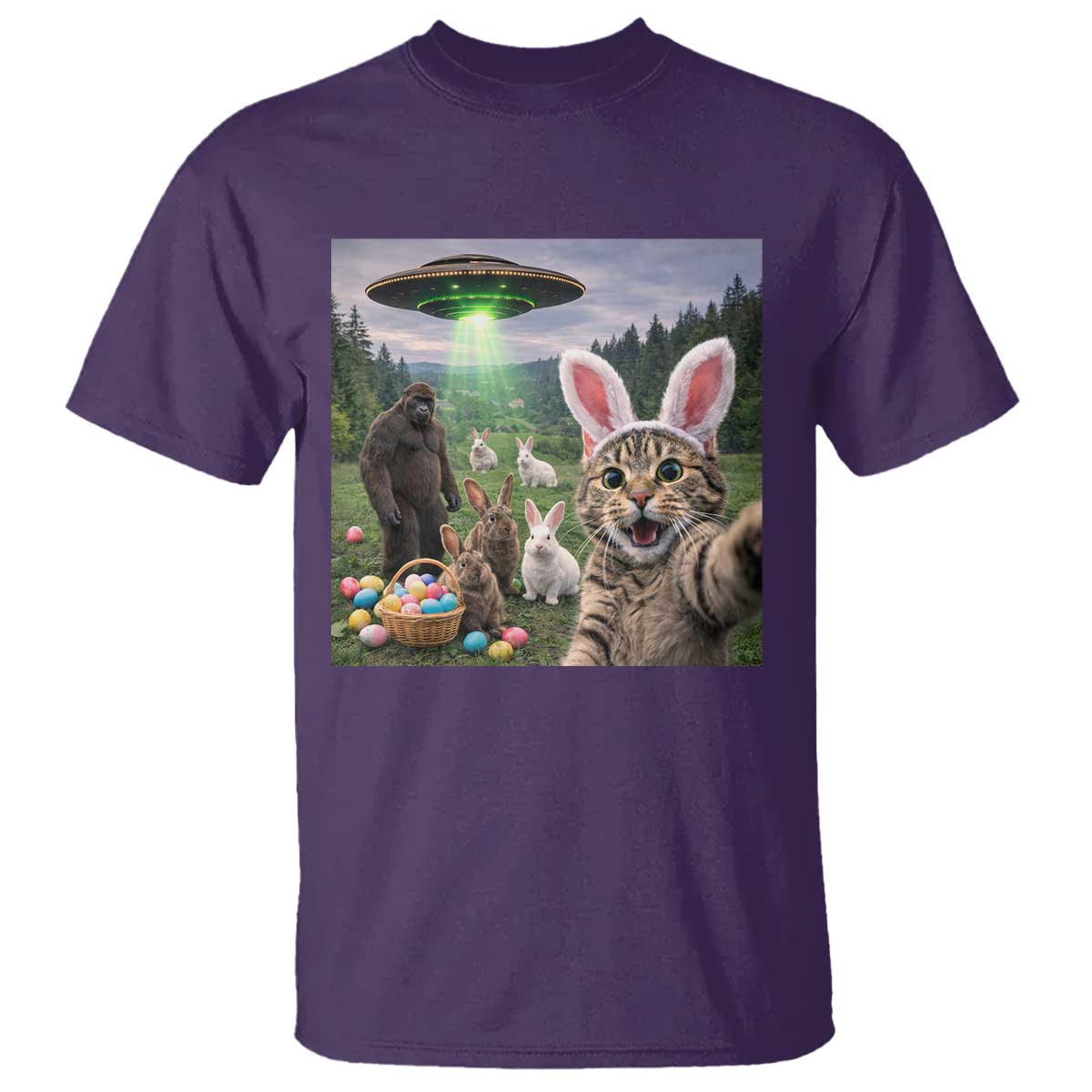 Funny Easter Day T Shirt Cat Selfie With Bunny Bigfoot UFO Bunny Egg TS10 Purple Print Your Wear