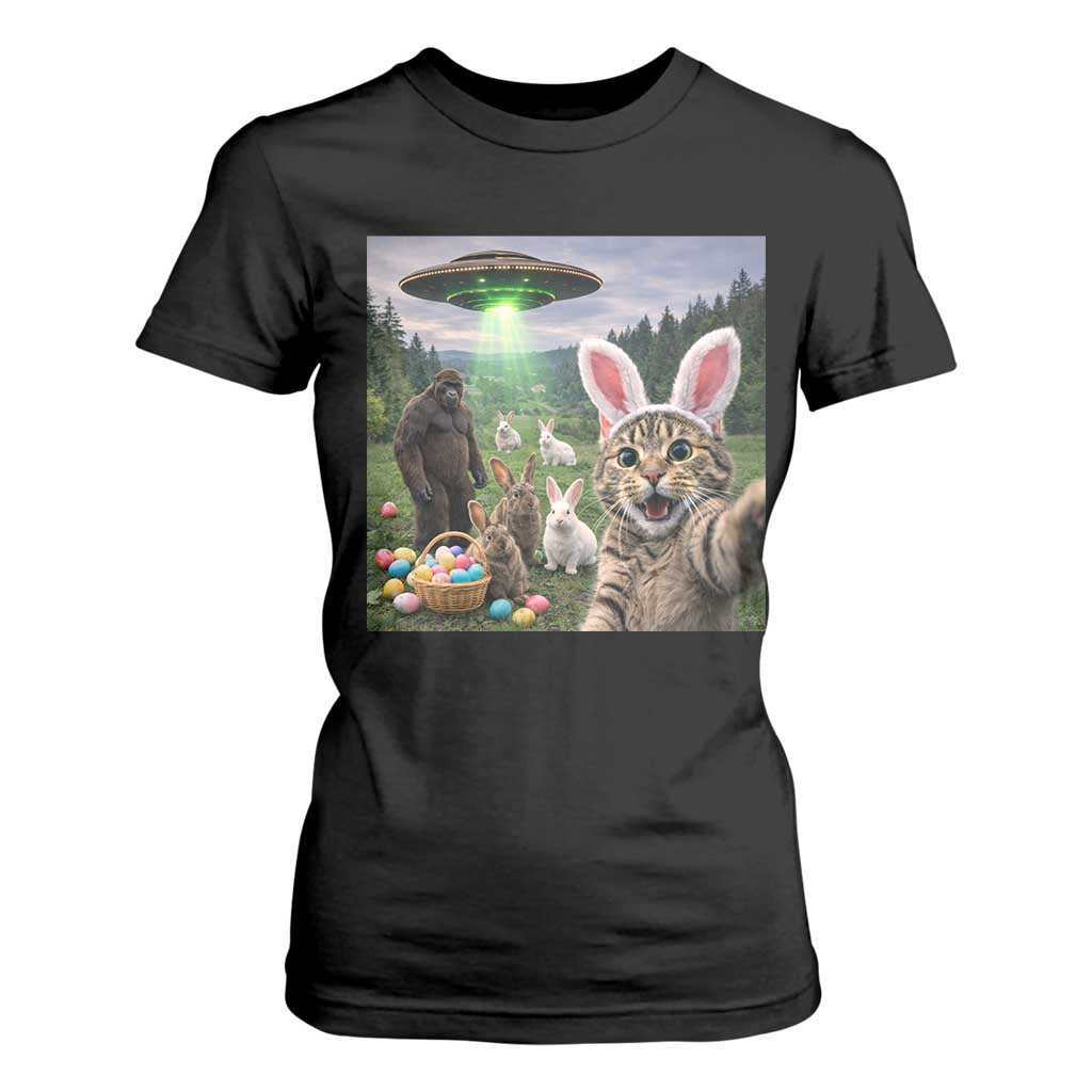 Funny Easter Day T Shirt For Women Cat Selfie With Bunny Bigfoot UFO Bunny Egg TS10 Black Print Your Wear