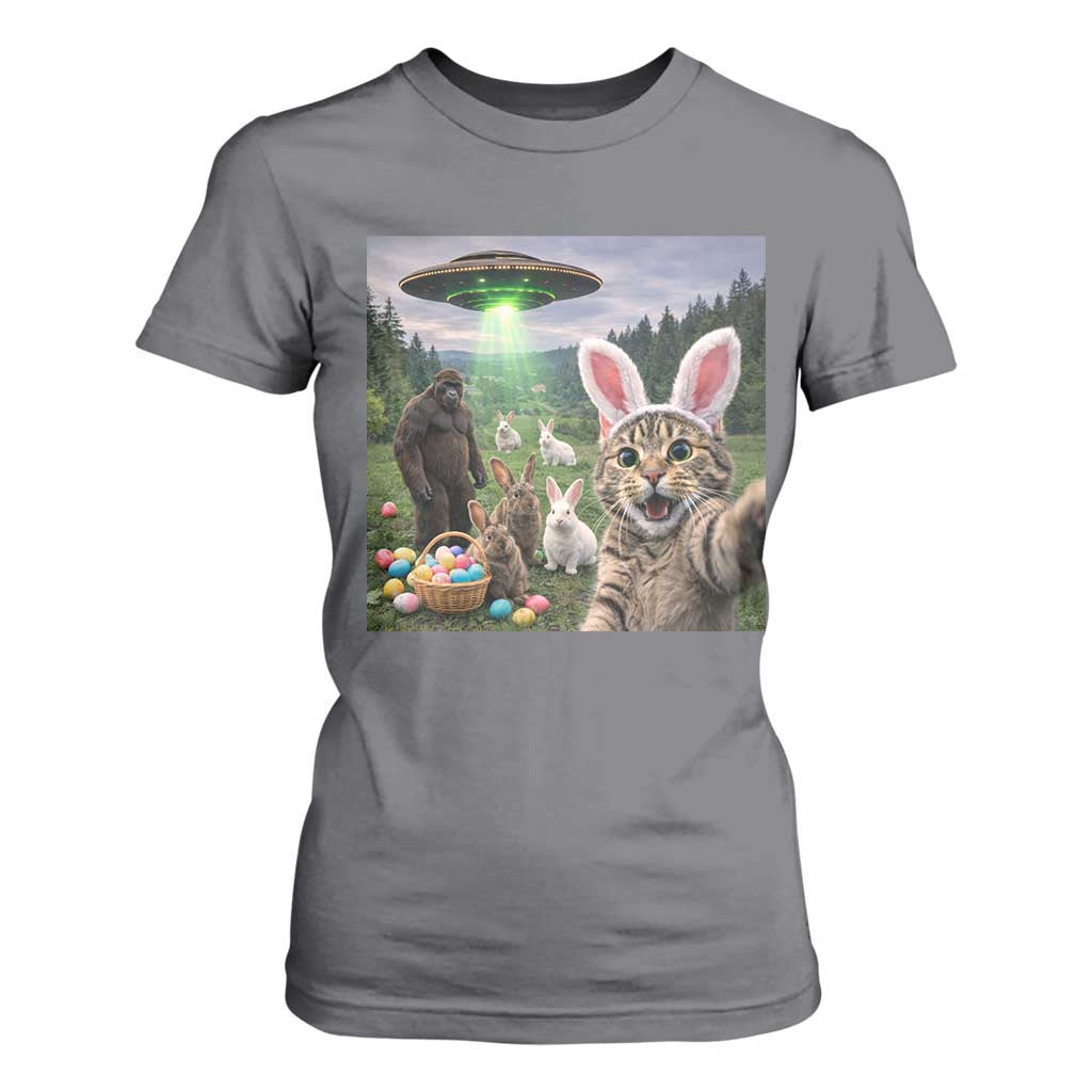 Funny Easter Day T Shirt For Women Cat Selfie With Bunny Bigfoot UFO Bunny Egg TS10 Charcoal Print Your Wear