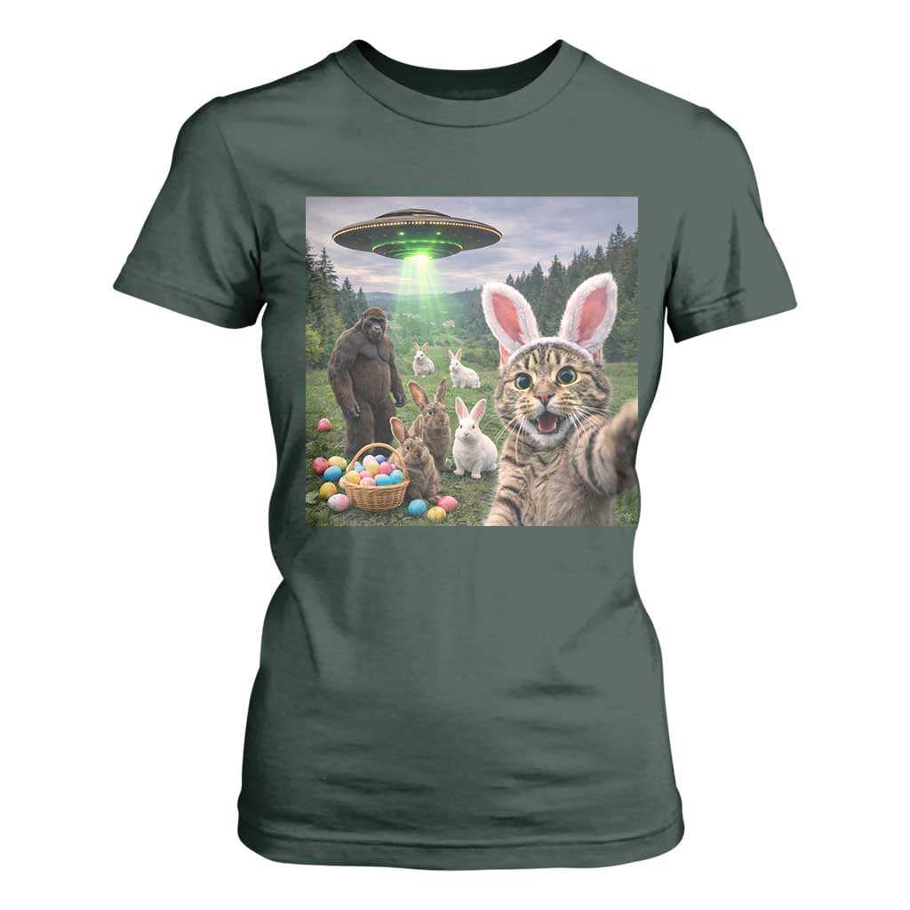 Funny Easter Day T Shirt For Women Cat Selfie With Bunny Bigfoot UFO Bunny Egg TS10 Dark Forest Green Print Your Wear