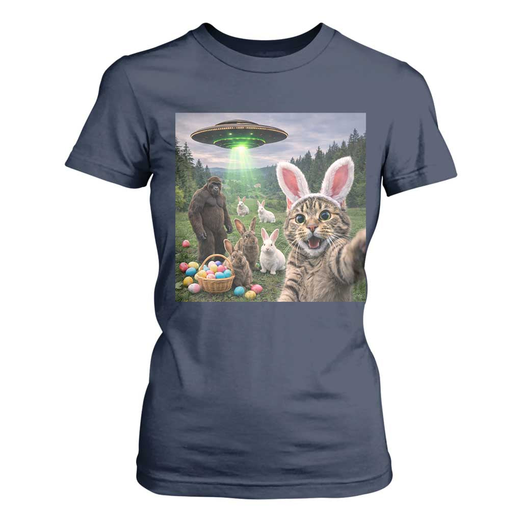 Funny Easter Day T Shirt For Women Cat Selfie With Bunny Bigfoot UFO Bunny Egg TS10 Navy Print Your Wear