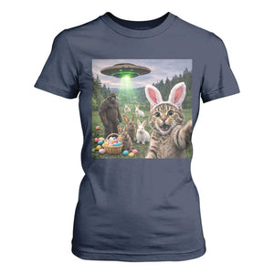Funny Easter Day T Shirt For Women Cat Selfie With Bunny Bigfoot UFO Bunny Egg TS10 Navy Print Your Wear