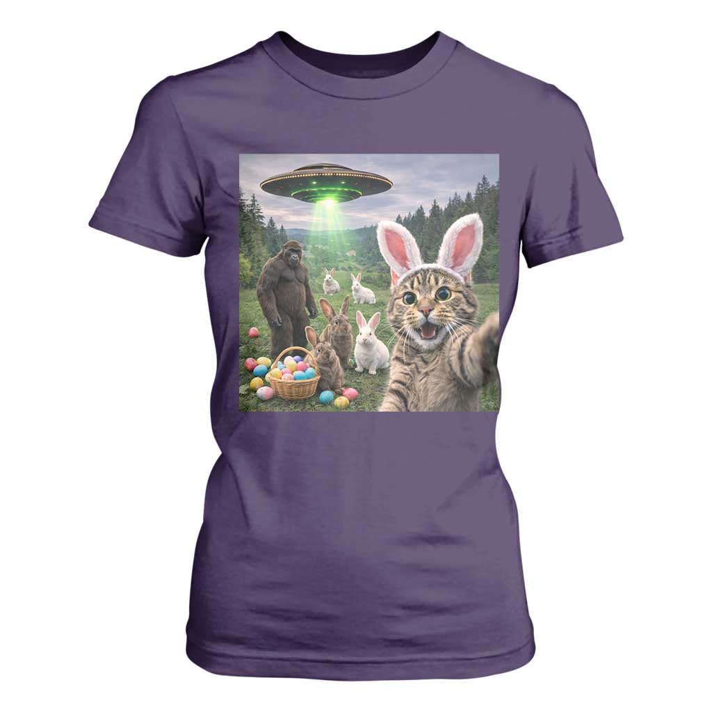 Funny Easter Day T Shirt For Women Cat Selfie With Bunny Bigfoot UFO Bunny Egg TS10 Purple Print Your Wear