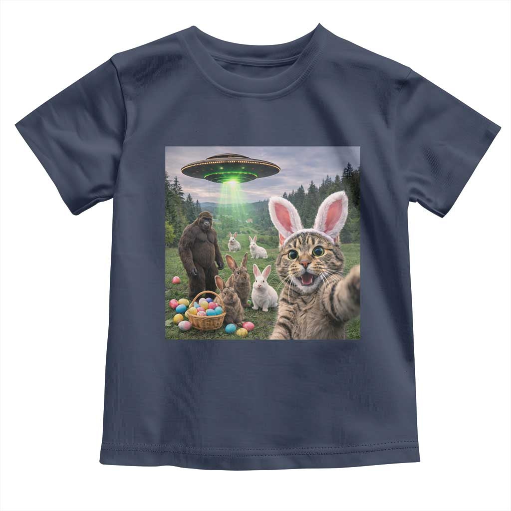 Funny Easter Day Toddler T Shirt Cat Selfie With Bunny Bigfoot UFO Bunny Egg TS10 Navy Print Your Wear