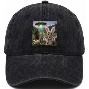 Funny Easter Day Washed Cotton Baseball Cap Cat Selfie With Bunny Bigfoot UFO Bunny Egg TS10 Washed Cap Universal Fit Black Print Your Wear