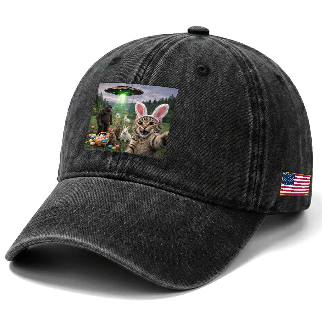 Funny Easter Day Washed Cotton Baseball Cap Cat Selfie With Bunny Bigfoot UFO Bunny Egg TS10 Print Your Wear