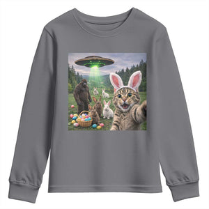 Funny Easter Day Youth Sweatshirt Cat Selfie With Bunny Bigfoot UFO Bunny Egg TS10 Charcoal Print Your Wear