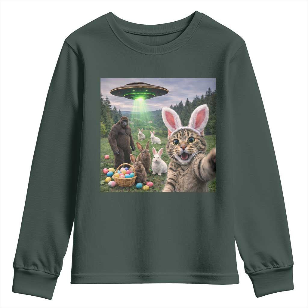 Funny Easter Day Youth Sweatshirt Cat Selfie With Bunny Bigfoot UFO Bunny Egg TS10 Dark Forest Green Print Your Wear