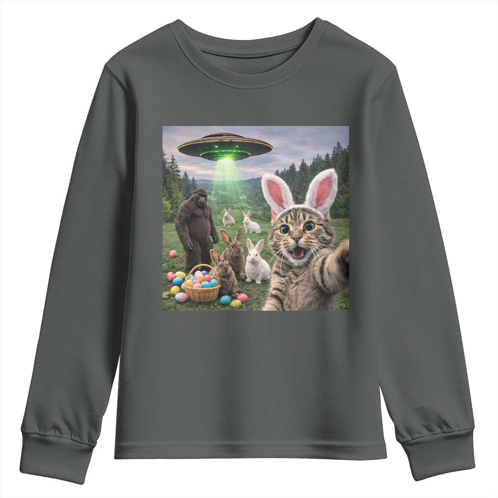 Funny Easter Day Youth Sweatshirt Cat Selfie With Bunny Bigfoot UFO Bunny Egg TS10 Dark Heather Print Your Wear