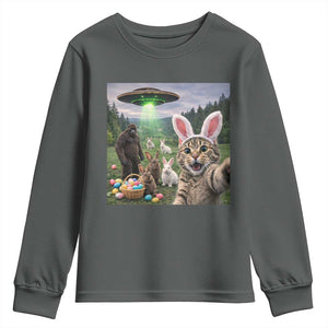 Funny Easter Day Youth Sweatshirt Cat Selfie With Bunny Bigfoot UFO Bunny Egg TS10 Dark Heather Print Your Wear