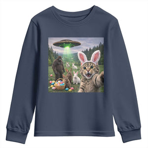 Funny Easter Day Youth Sweatshirt Cat Selfie With Bunny Bigfoot UFO Bunny Egg TS10 Navy Print Your Wear