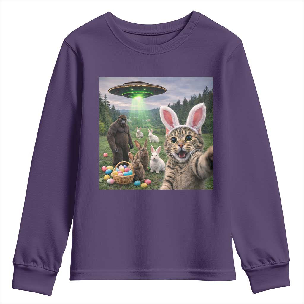 Funny Easter Day Youth Sweatshirt Cat Selfie With Bunny Bigfoot UFO Bunny Egg TS10 Purple Print Your Wear