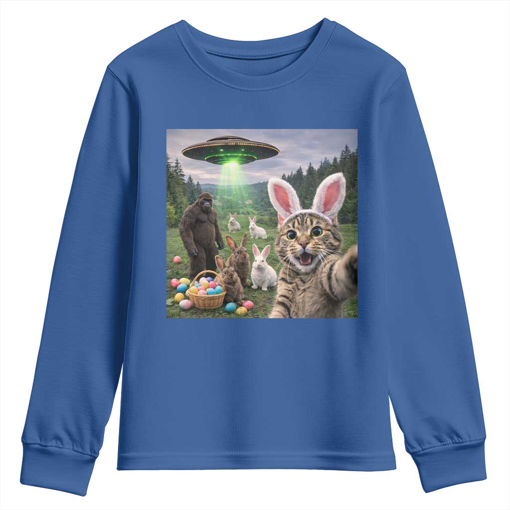 Funny Easter Day Youth Sweatshirt Cat Selfie With Bunny Bigfoot UFO Bunny Egg TS10 Royal Blue Print Your Wear