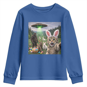 Funny Easter Day Youth Sweatshirt Cat Selfie With Bunny Bigfoot UFO Bunny Egg TS10 Royal Blue Print Your Wear