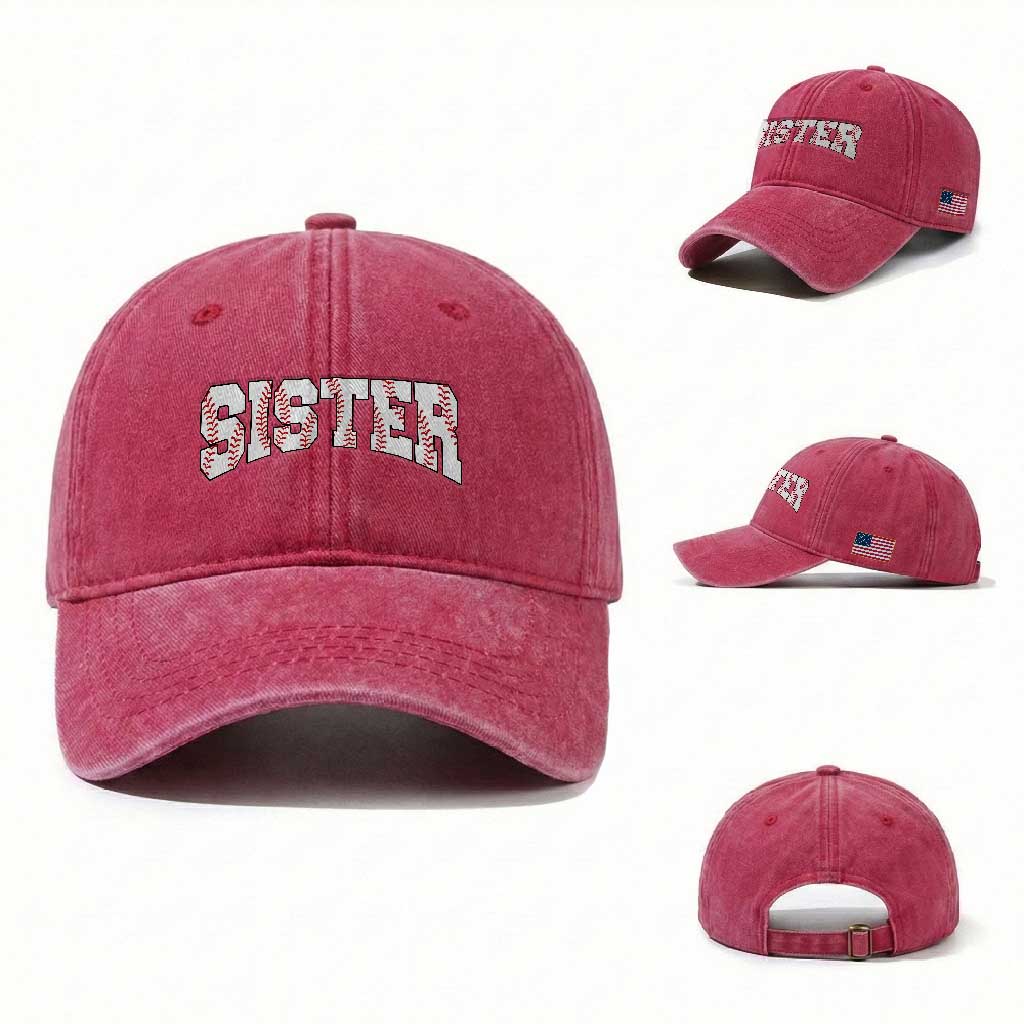 Baseball Sister Washed Cotton Baseball Cap Retro Varsity Baseball Season Family