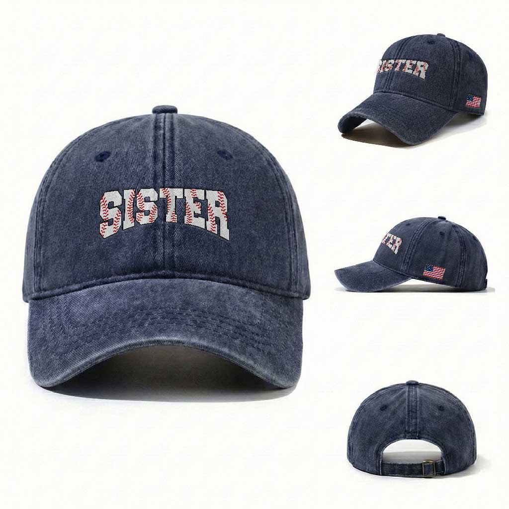 Baseball Sister Washed Cotton Baseball Cap Retro Varsity Baseball Season Family
