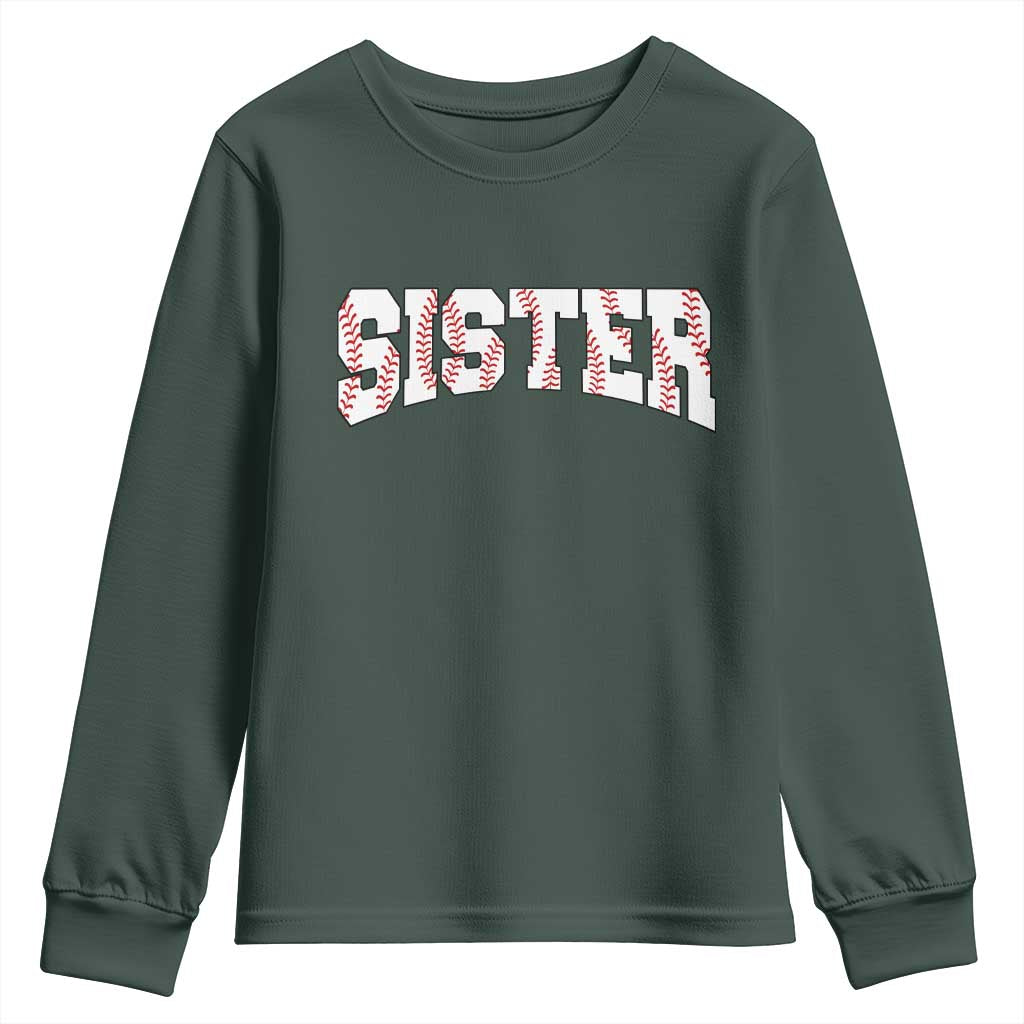 Baseball Sister Youth Sweatshirt Retro Varsity Baseball Season Family TS10 Dark Forest Green Print Your Wear