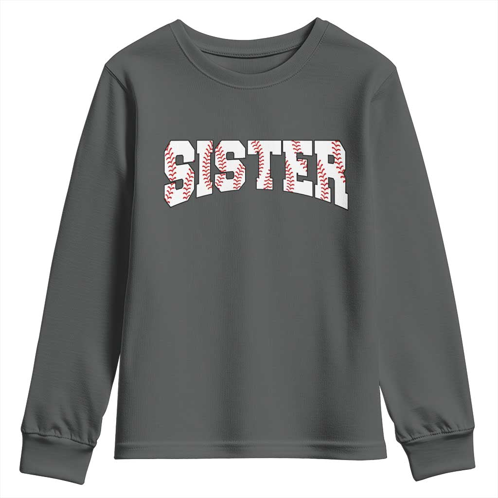 Baseball Sister Youth Sweatshirt Retro Varsity Baseball Season Family TS10 Dark Heather Print Your Wear