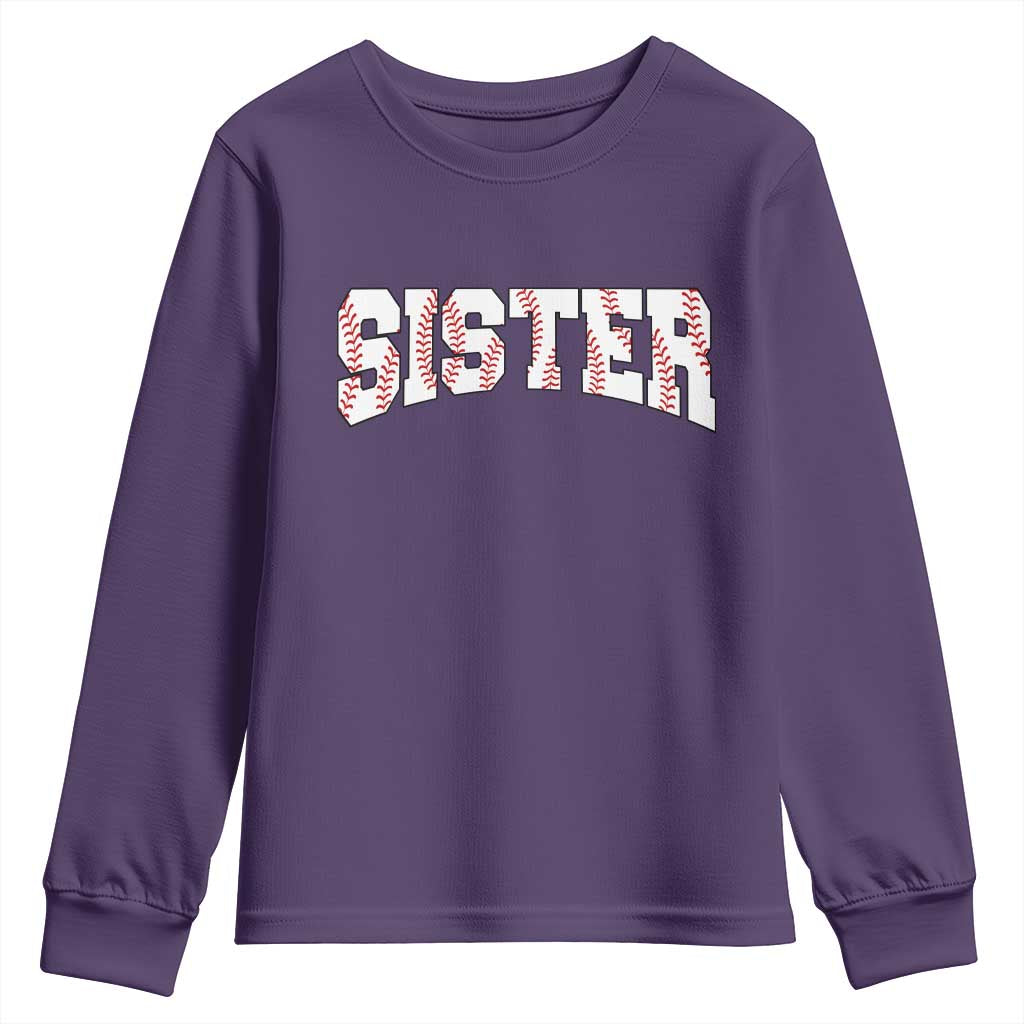 Baseball Sister Youth Sweatshirt Retro Varsity Baseball Season Family TS10 Purple Print Your Wear