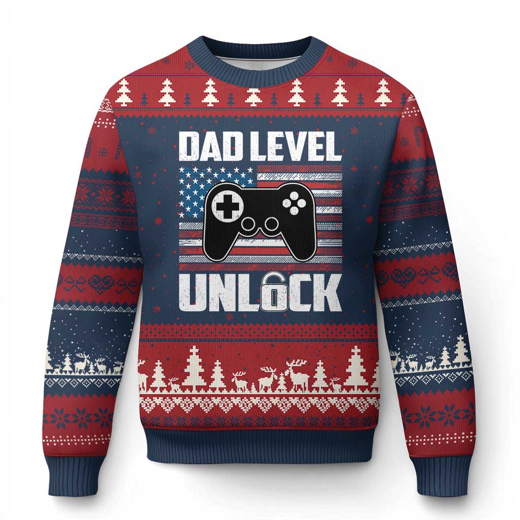 Funny New Dad Ugly Christmas Sweater First Fathers Day Dad Level Unlocked Gaming Gamer TS10 Navy Red Print Your Wear
