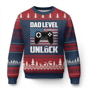 Funny New Dad Ugly Christmas Sweater First Fathers Day Dad Level Unlocked Gaming Gamer TS10 Navy Red Print Your Wear