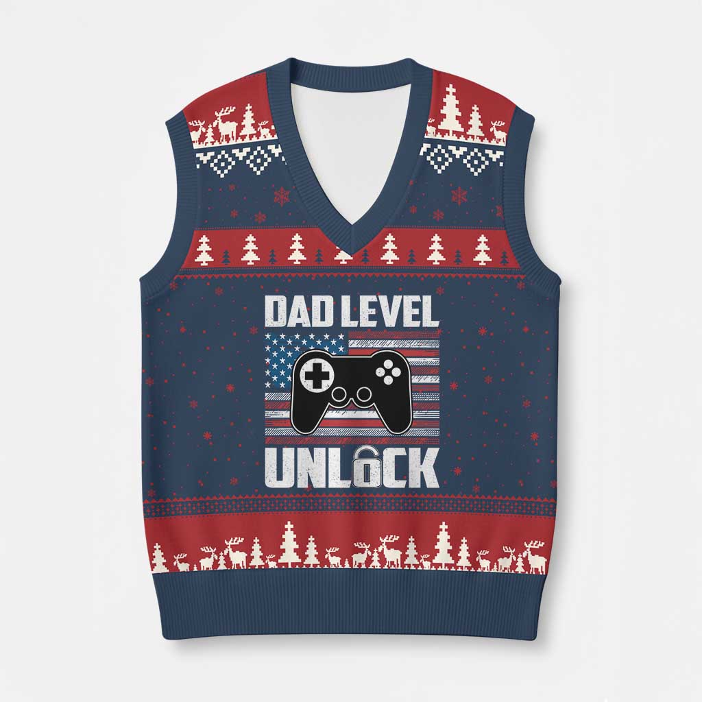 Funny New Dad V-Neck Knit Sweater Vest First Fathers Day Dad Level Unlocked Gaming Gamer TS10 Navy Red Print Your Wear
