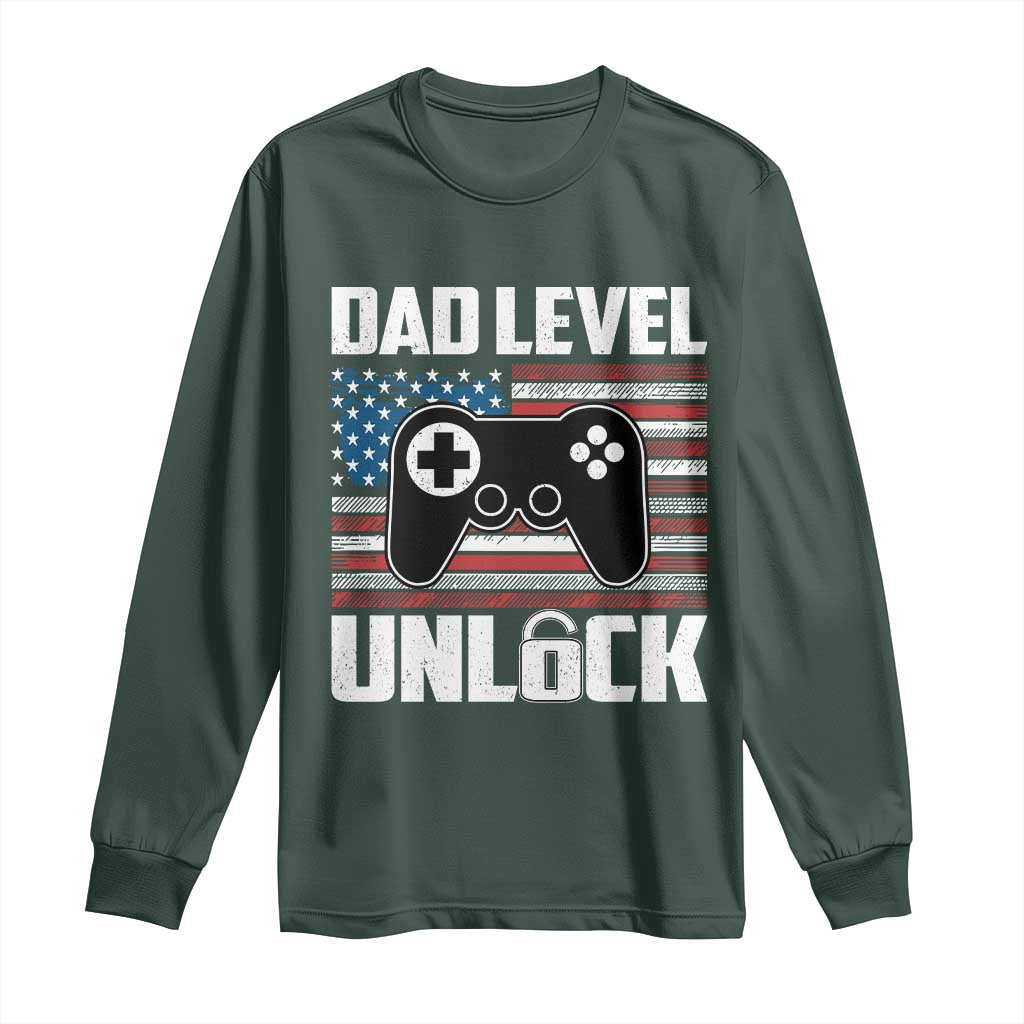 Funny New Dad Long Sleeve Shirt First Fathers Day Dad Level Unlocked Gaming Gamer TS10 Dark Forest Green Print Your Wear