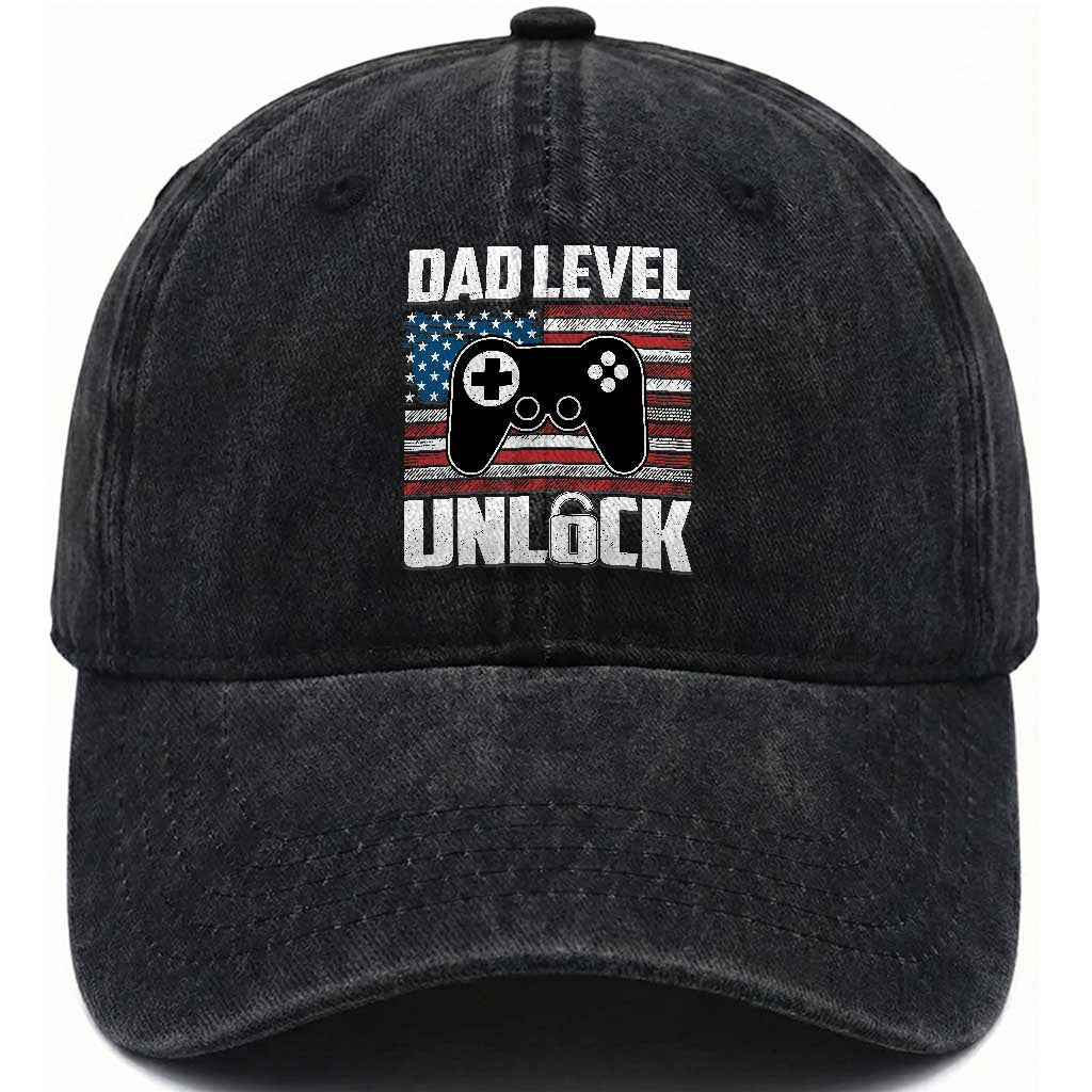 Funny New Dad Washed Cotton Baseball Cap First Fathers Day Dad Level Unlocked Gaming Gamer TS10 Print Your Wear