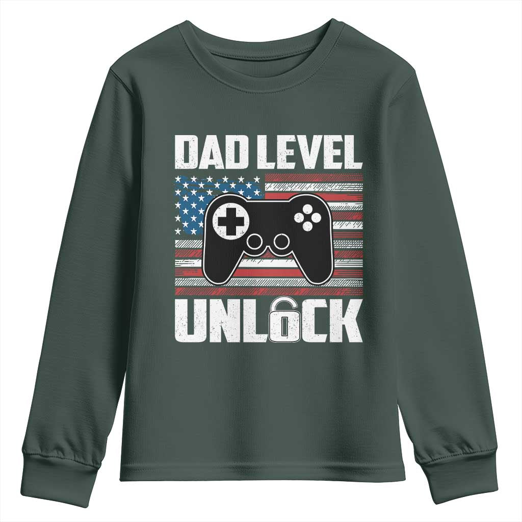Funny New Dad Youth Sweatshirt First Fathers Day Dad Level Unlocked Gaming Gamer TS10 Dark Forest Green Print Your Wear