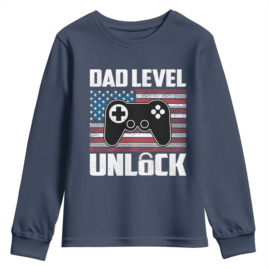 Funny New Dad Youth Sweatshirt First Fathers Day Dad Level Unlocked Gaming Gamer TS10 Navy Print Your Wear