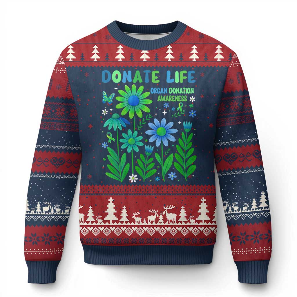 Organ Donation Awareness Ugly Christmas Sweater Green Ribbon Donate Life Floral TS10 Navy Red Print Your Wear